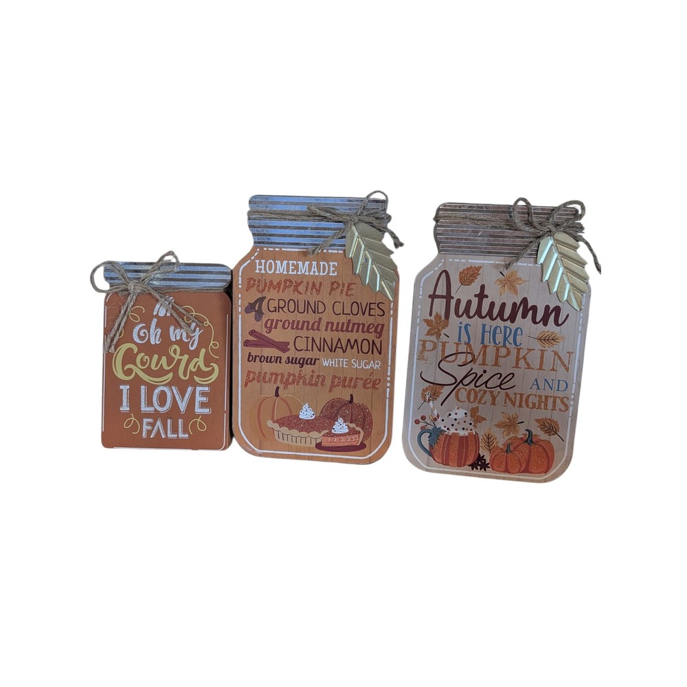 Wooden Mason Jar Fall Tabletop Decor Set 3 Pumpkin Spice Sign Cottagecore Autumn
